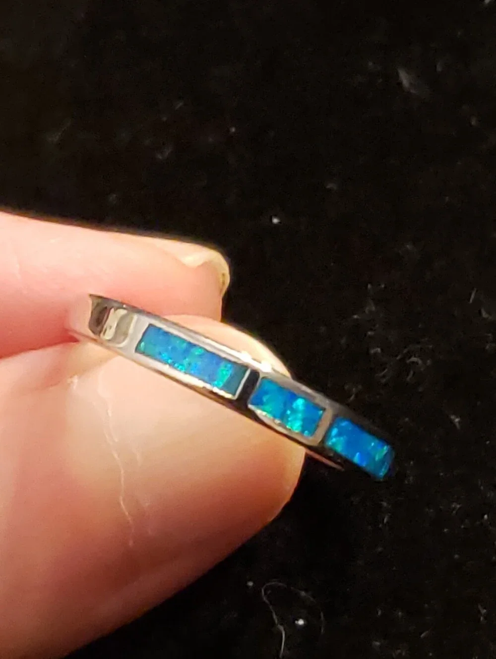 NEW Opal 925 Silver Ring, Sz 8 Minimalist, Inset Created Blue Green Opal Band